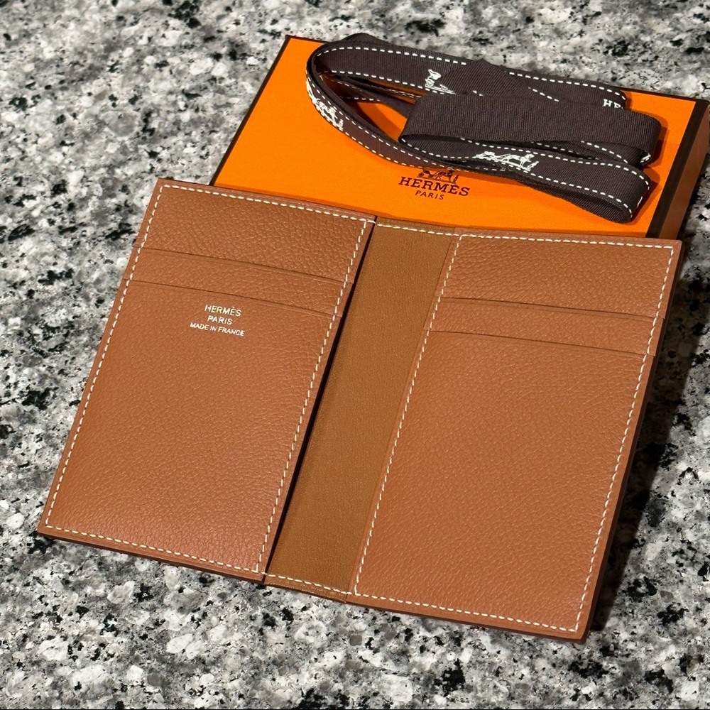Brand New Hermes MC2 Leather Card Holder, Gold with Stitches.